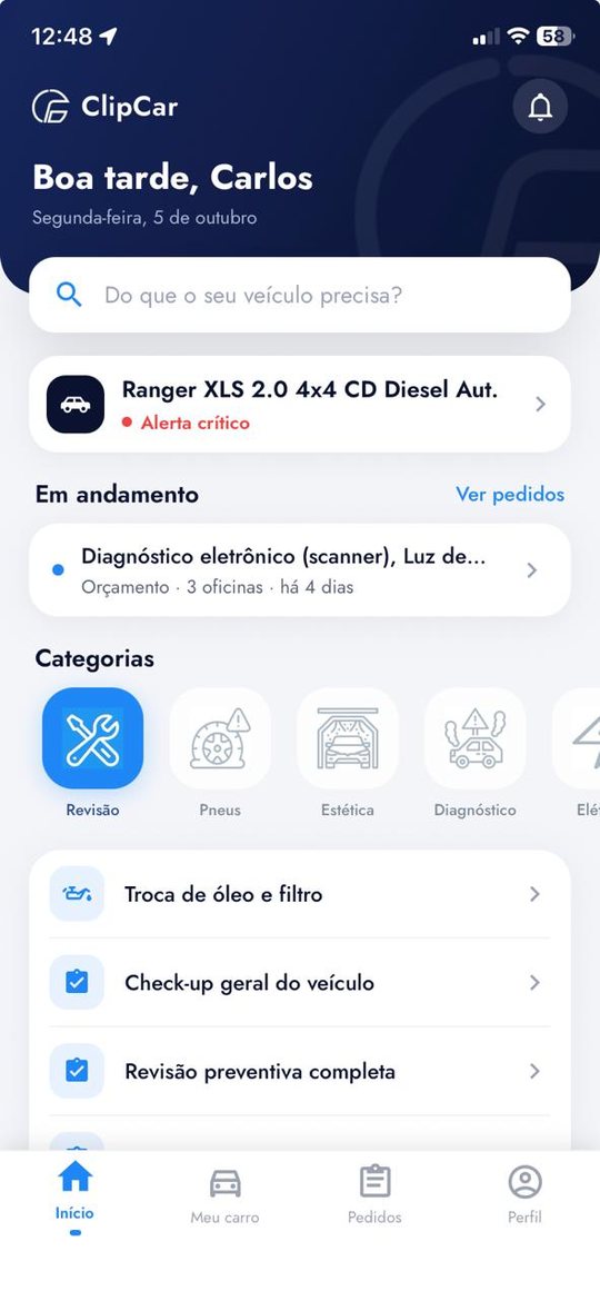 Tela inicial do app ClipCar com busca, alerta do veículo, pedido em andamento e categorias