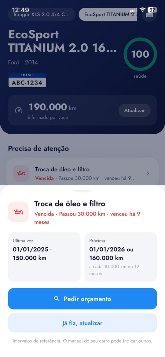 Item de manutenção vencido com última troca, próxima e botão Pedir orçamento