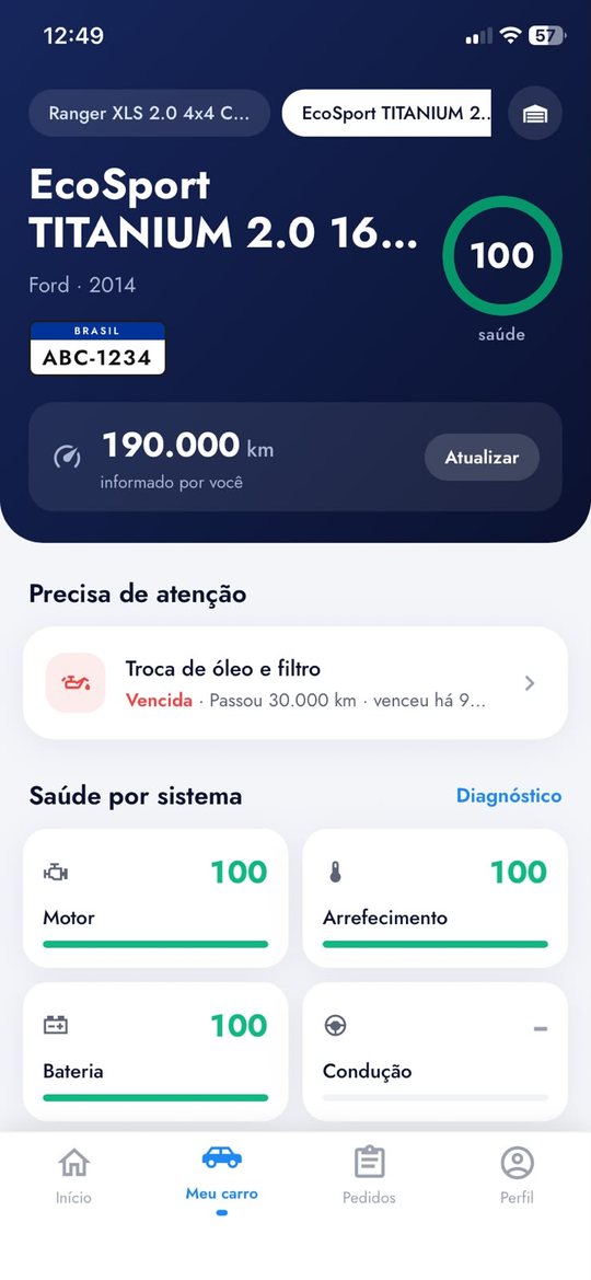 Tela Meu carro com nota de saúde, item de manutenção vencido e saúde por sistema