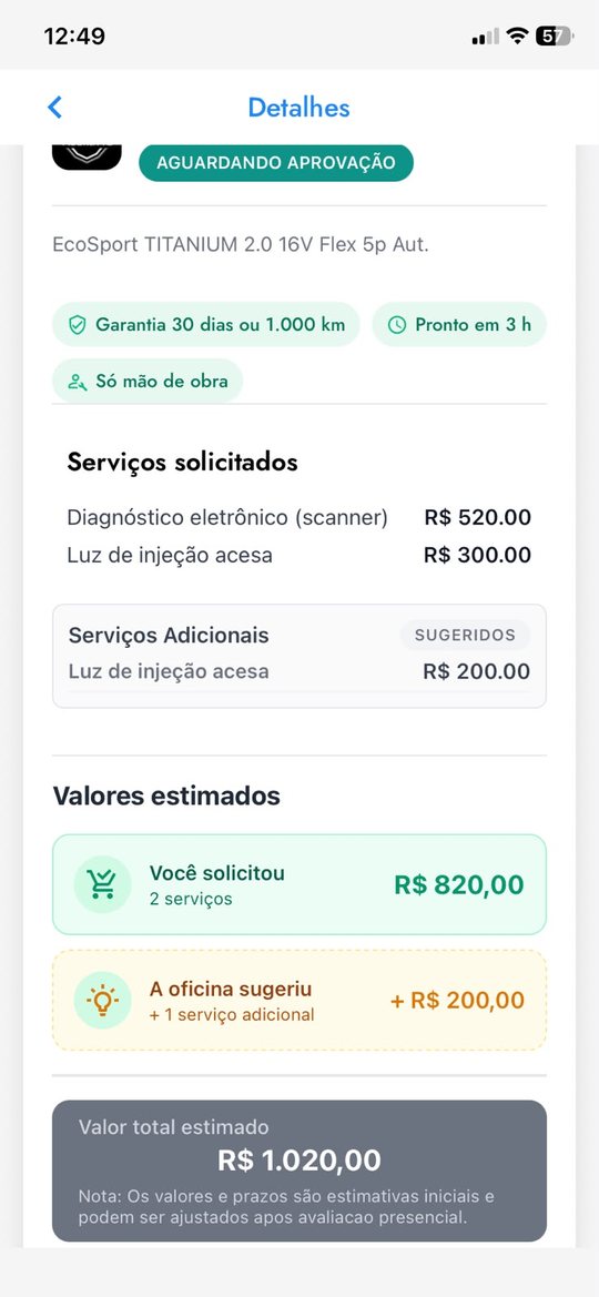 Proposta da oficina no app ClipCar com garantia, prazo, serviços e valores